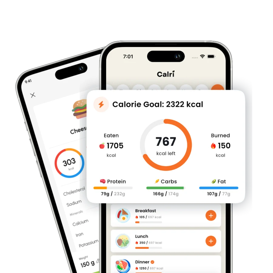 CALRI app calorie goal and meal tracking screens